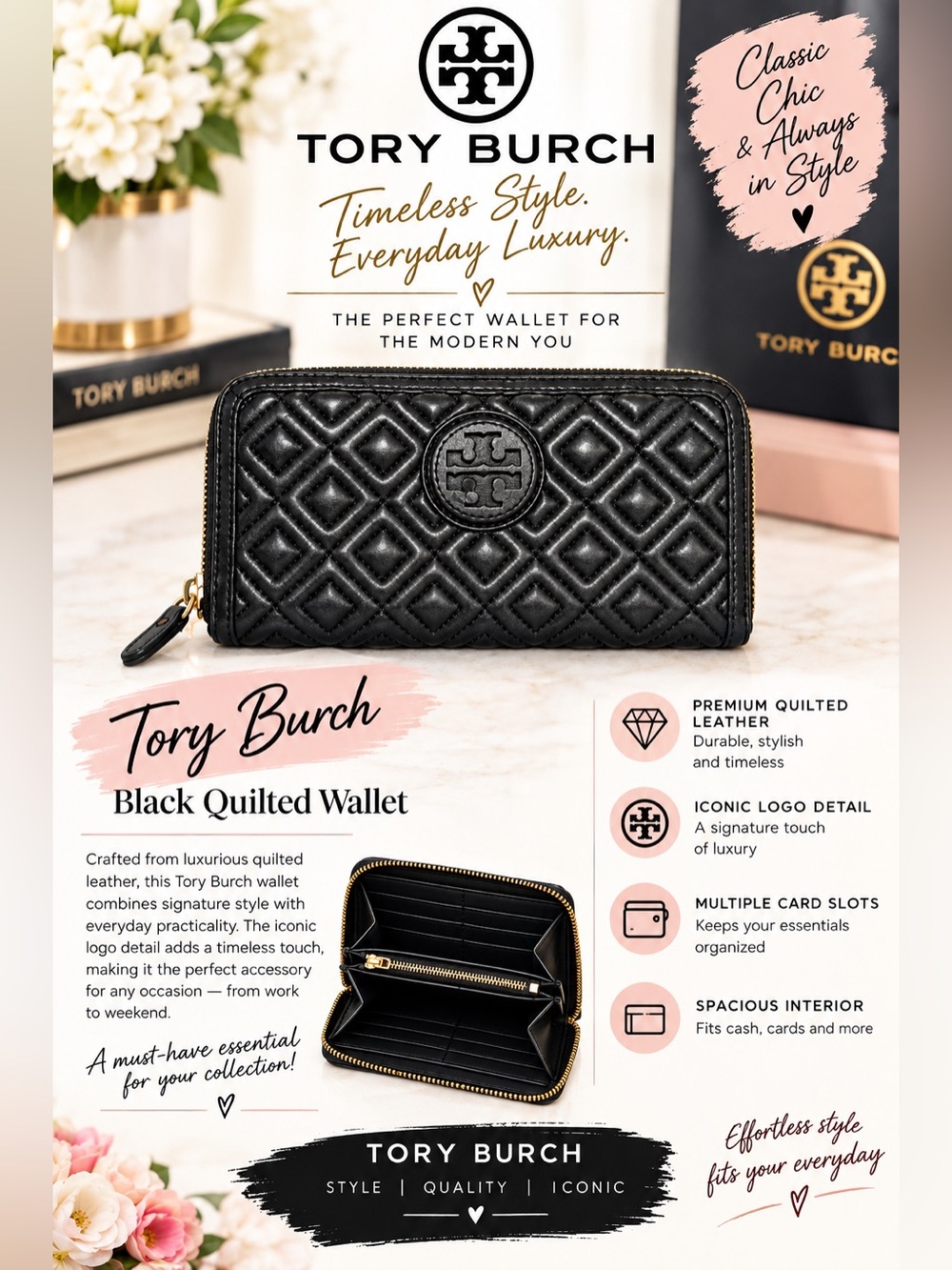 Tory Burch Black Quilted Zip Card & Key Holder